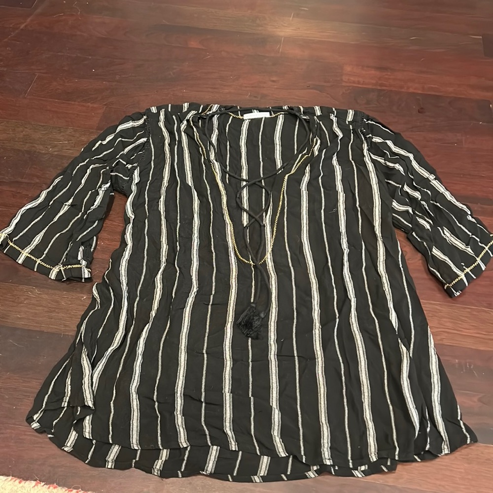 Robin Piccone - Striped Lace-Up Cover-Up Tunic Black - LARGE